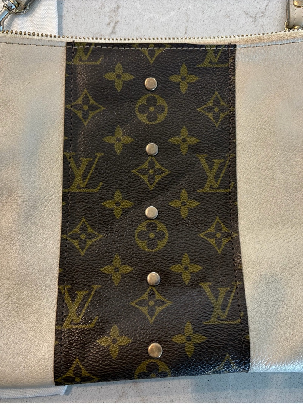 Beaudin Caroline Crossbody Cream and Brown Bag with Repurposed LV Monogram Panel - Picture 3 of 11